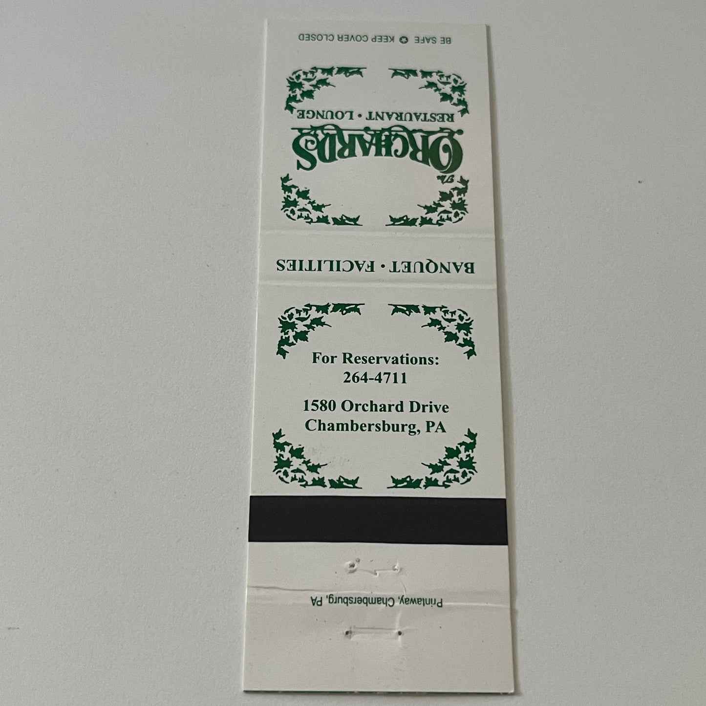 Orchard's Restaurant Lounge Chambersburg PA Vintage Matchbook Cover TB6-MB2-5