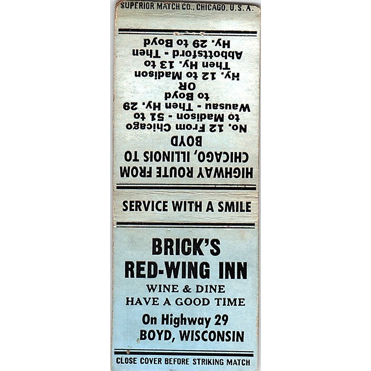 Brick's Red-Wing In Boyd WI Vintage Matchbook Cover SF3-Y2