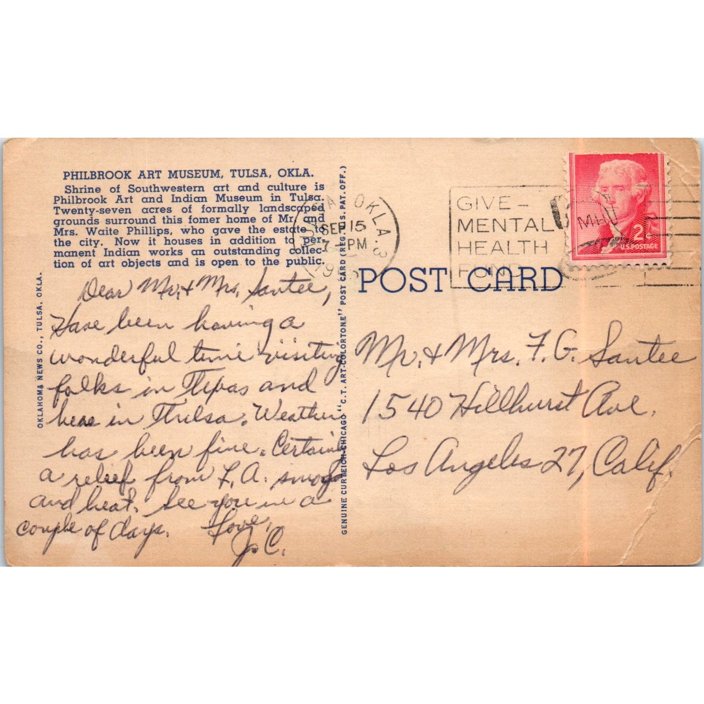 1950s Philbrook Art Museum Tulsa Oklahoma Vintage Original Postcard PD3