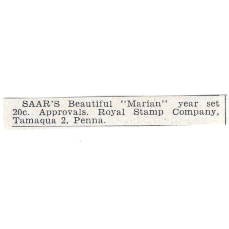 SAAR'S Marian Year Set, Royal Stamp Company, Tamaqua PA 1955 Ad AG1-S9