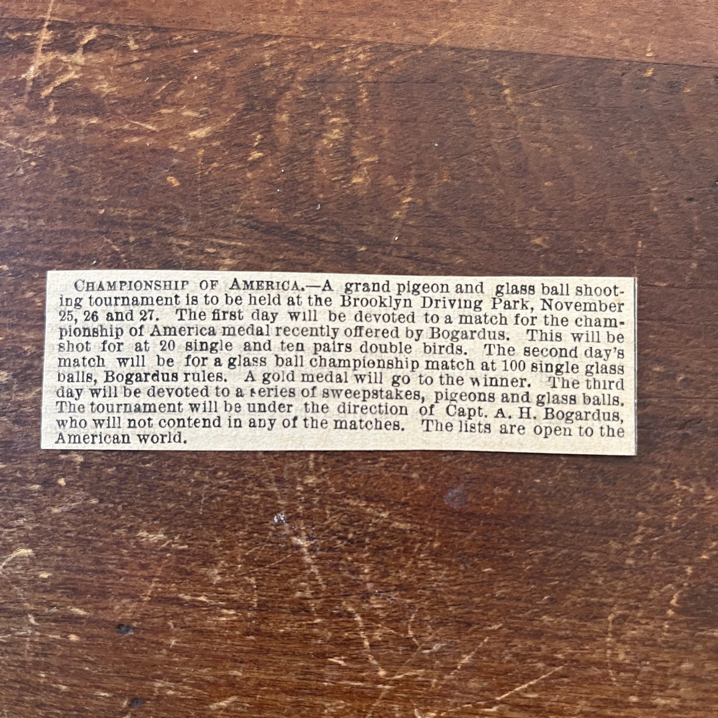 Nov 1878 Brooklyn Driving Park Pigeon Match Capt. A.H. Bogardus Clip AG2-S18