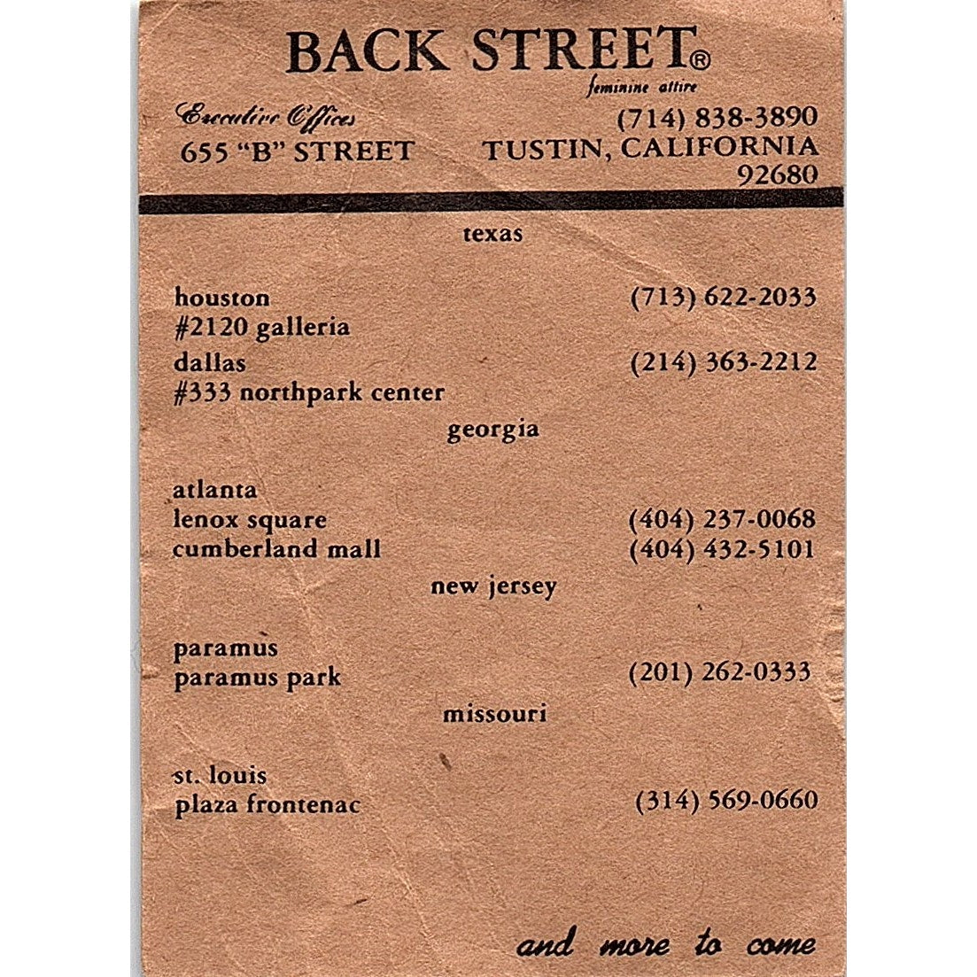 Back Street Feminine Attire Tustin CA Vintage Business Card TH2-B1