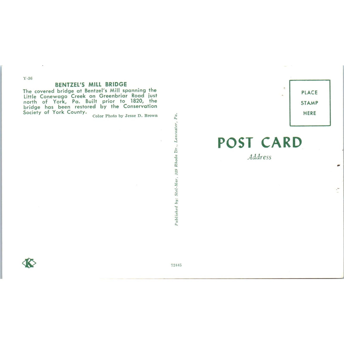 Bentzel's Mill Bridge Conewago Creek York PA Vintage Covered Bridge Postcard PD3