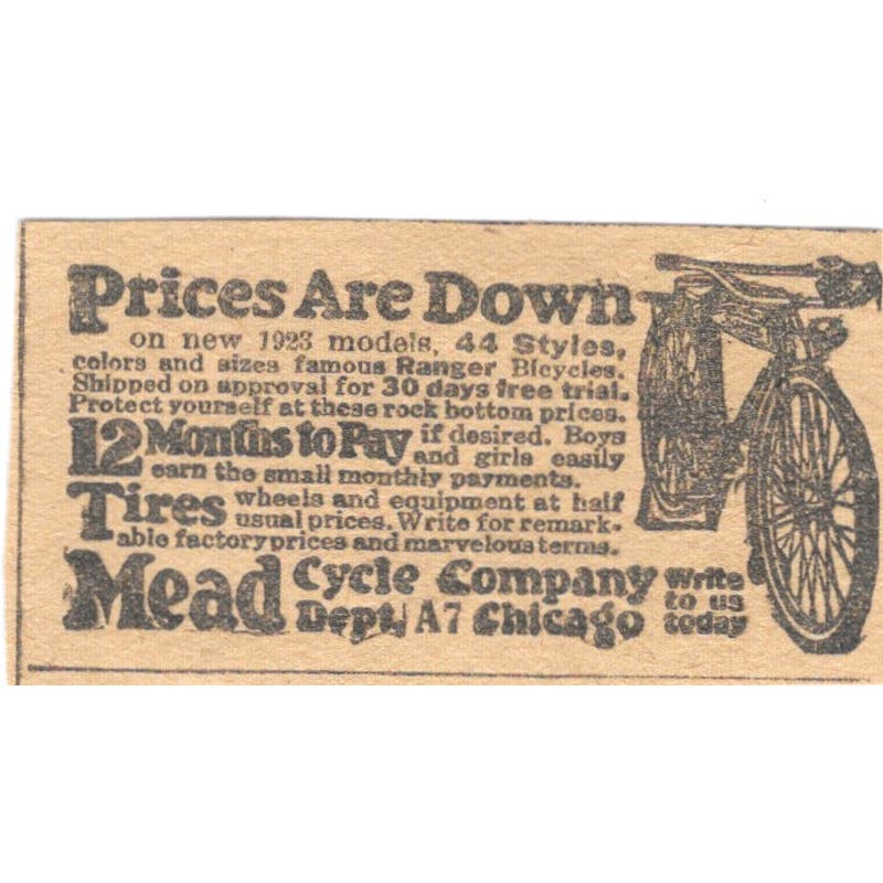 Mead Cycle Company Chicago Ranger Bicycles 1923 Magazine Ad Clip AE1-7
