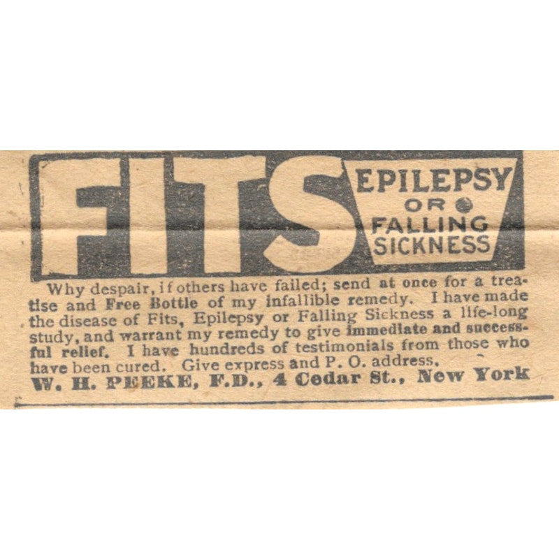 Epilepsy Remedy W.H. Peeke F.D. New York 1910 Magazine Ad AF1-SS6