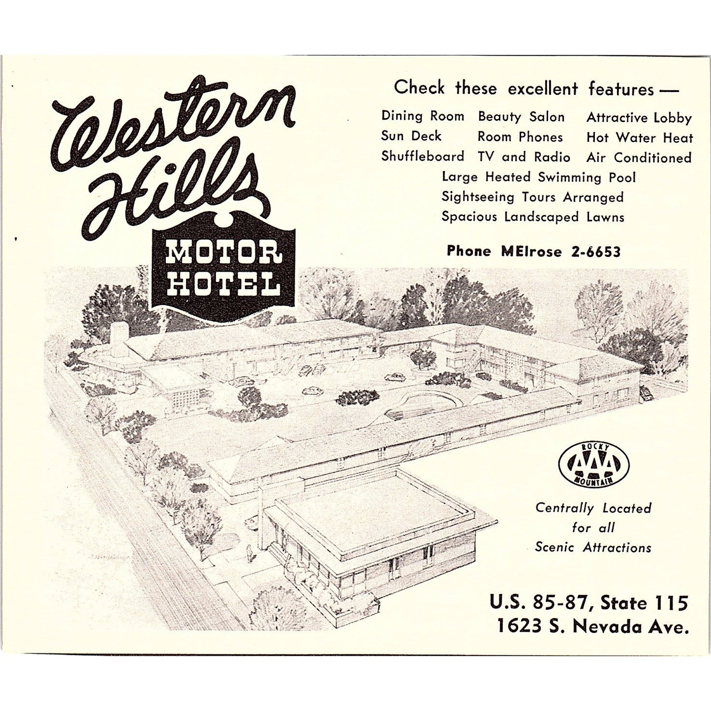Western Hills Motor Hotel, Nevada Motel Colorado Springs CO 1958 Ad AG1-H2