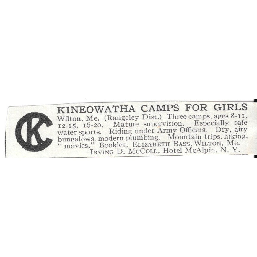 Kineowatha Camps For Girls New York NY Elizabeth Bass Wilton c1920 Ad AG4-S6