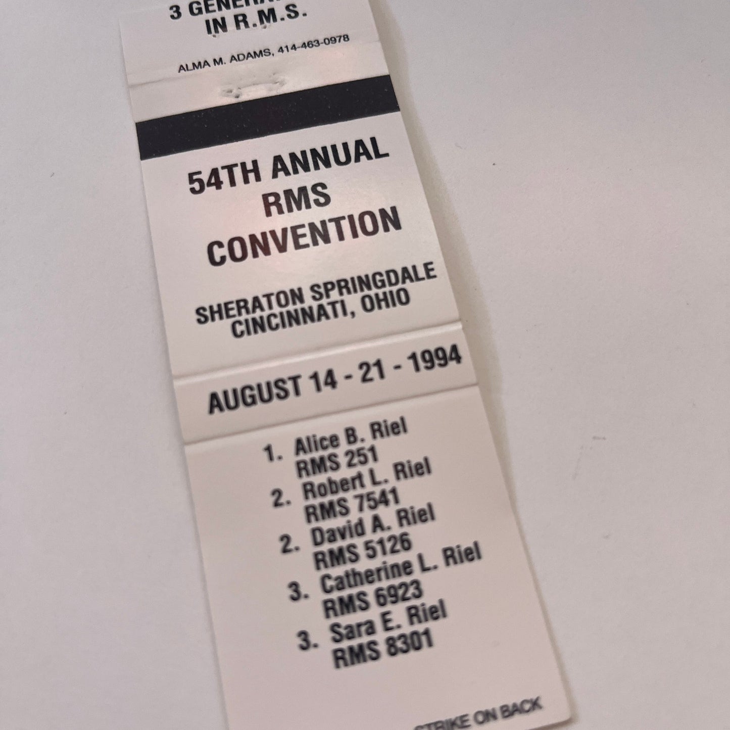 1994 RMS 54th Cincinnati Ohio Vintage Matchbook TB6-MB2-7