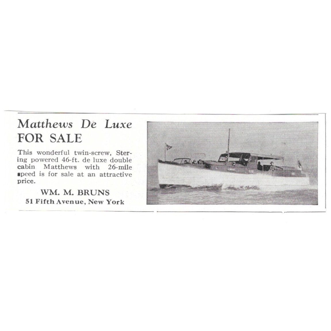 Wm. M. Burns Matthews De Luxe Yacht for Sale New York 1932 Ad AG2-M20