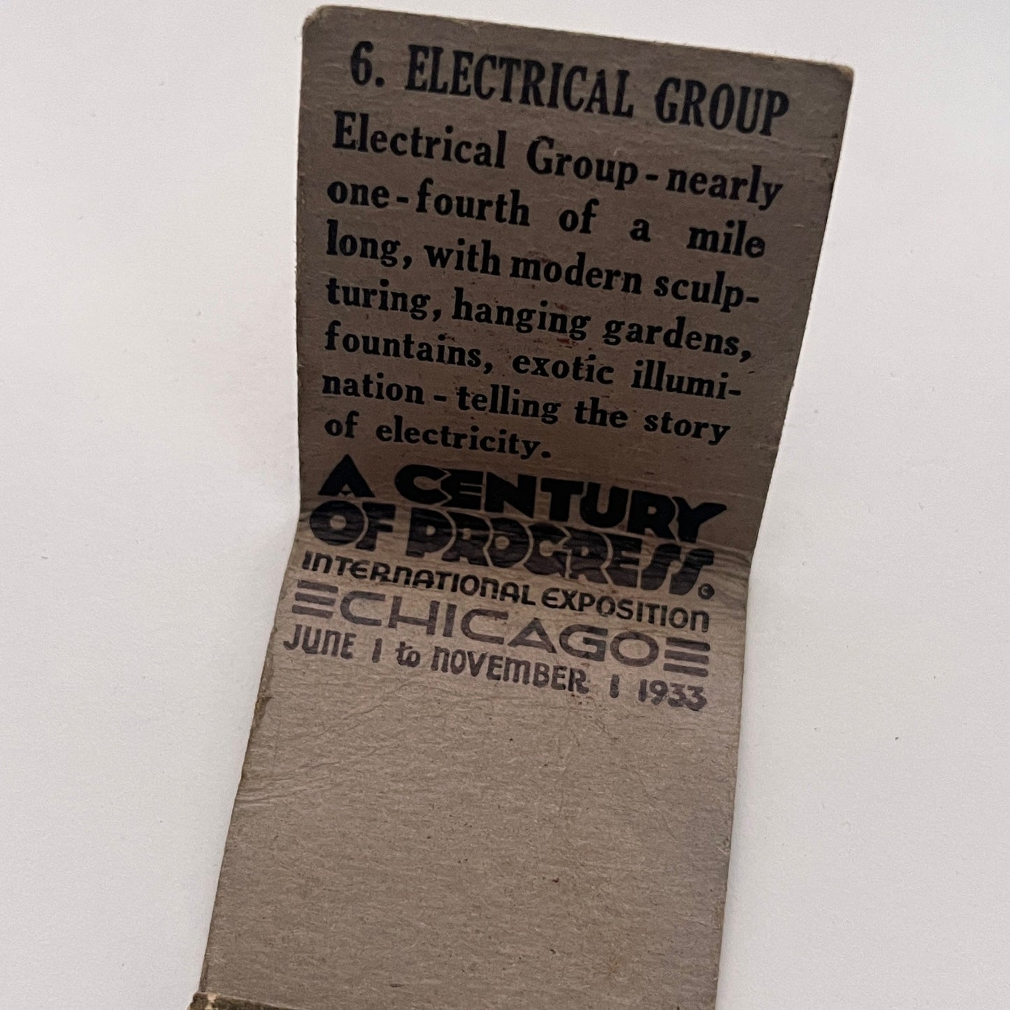 1933 Chicago World's Fair Electrical Group Vintage Matchbook Cover TB8-MB-2