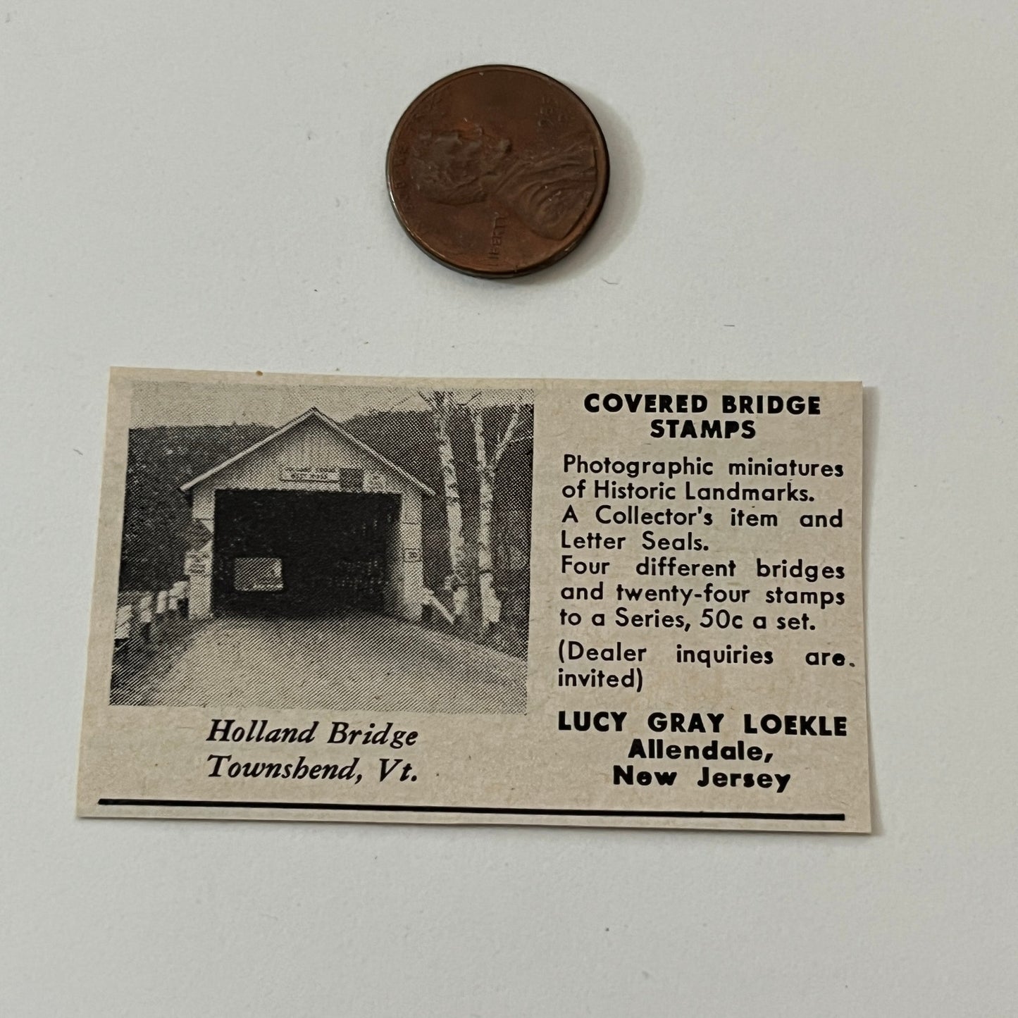 Covered Bridge Stamps Lucy Loekle Allendale NJ 1952 Yankee Magazine Ad SAG5-S1