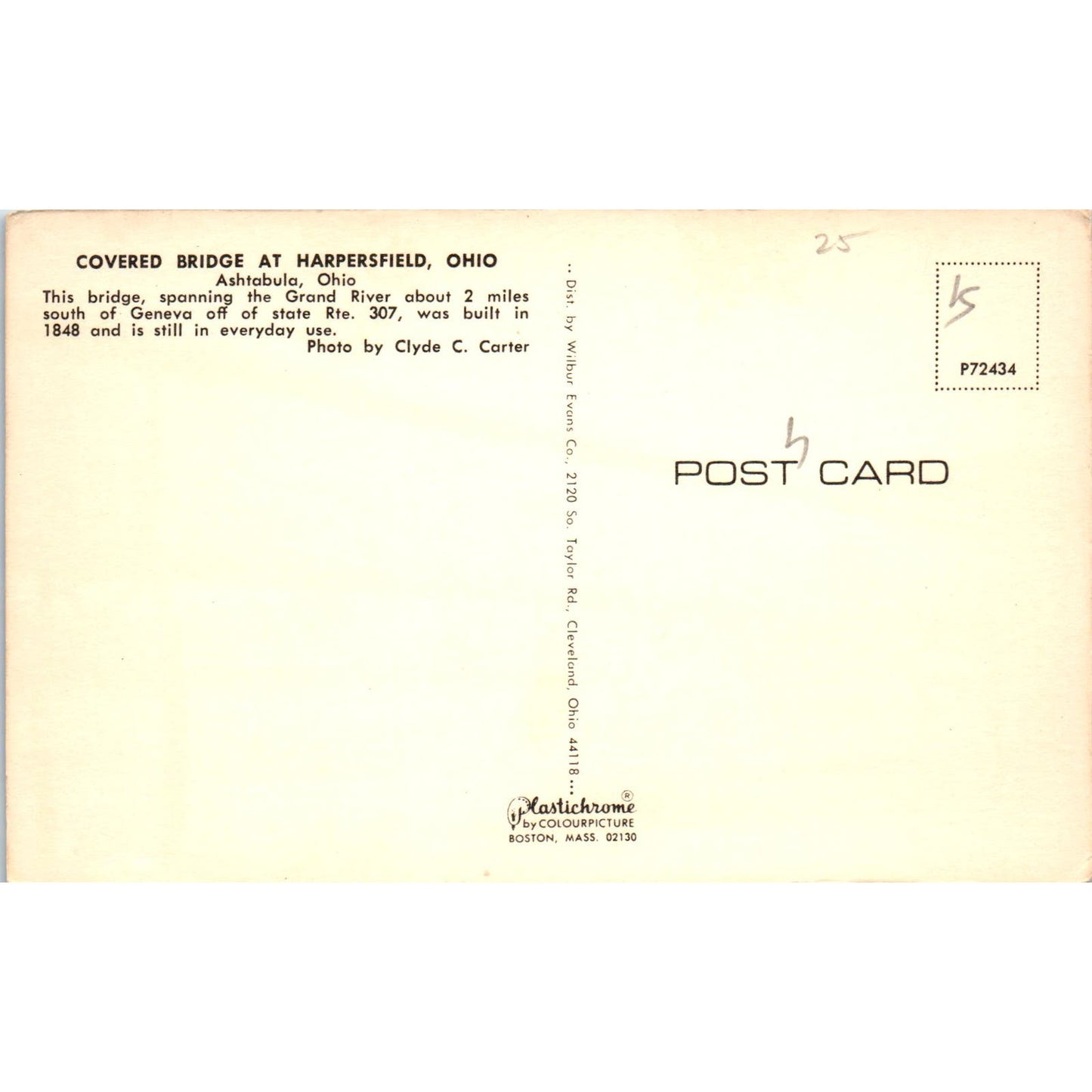 Harpersfield Bridge Ashtabula Ohio Covered Bridge Postcard PB13