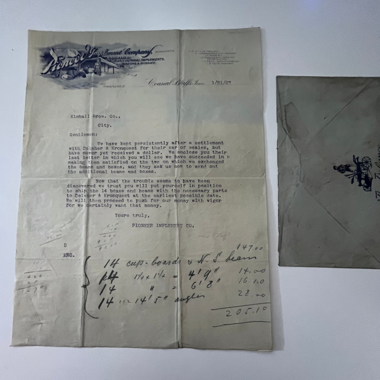1907 Pioneer Implement Co Wagons Council Bluffs IA Letterhead & Envelope K22