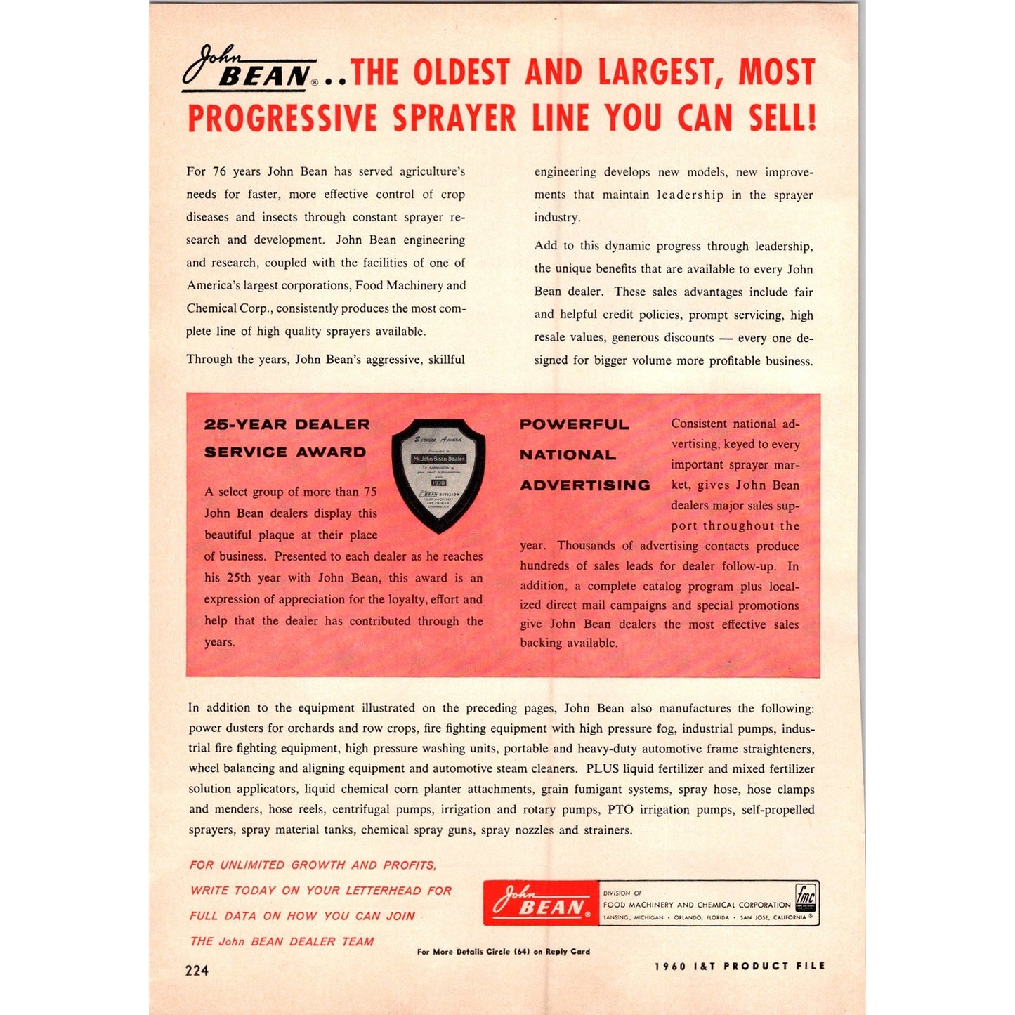 1960 John Bean Progressive Sprayer Lansing Orlando San Jose 2 Page Ad I16