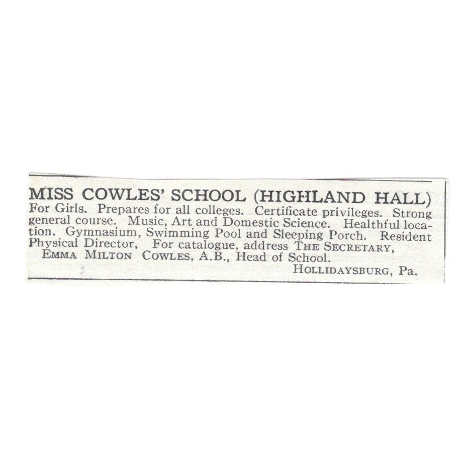 Miss Cowles' School Hollidaysburg PA Emma Milton Cowles 1920 Harper’s Ad SAG4-S2