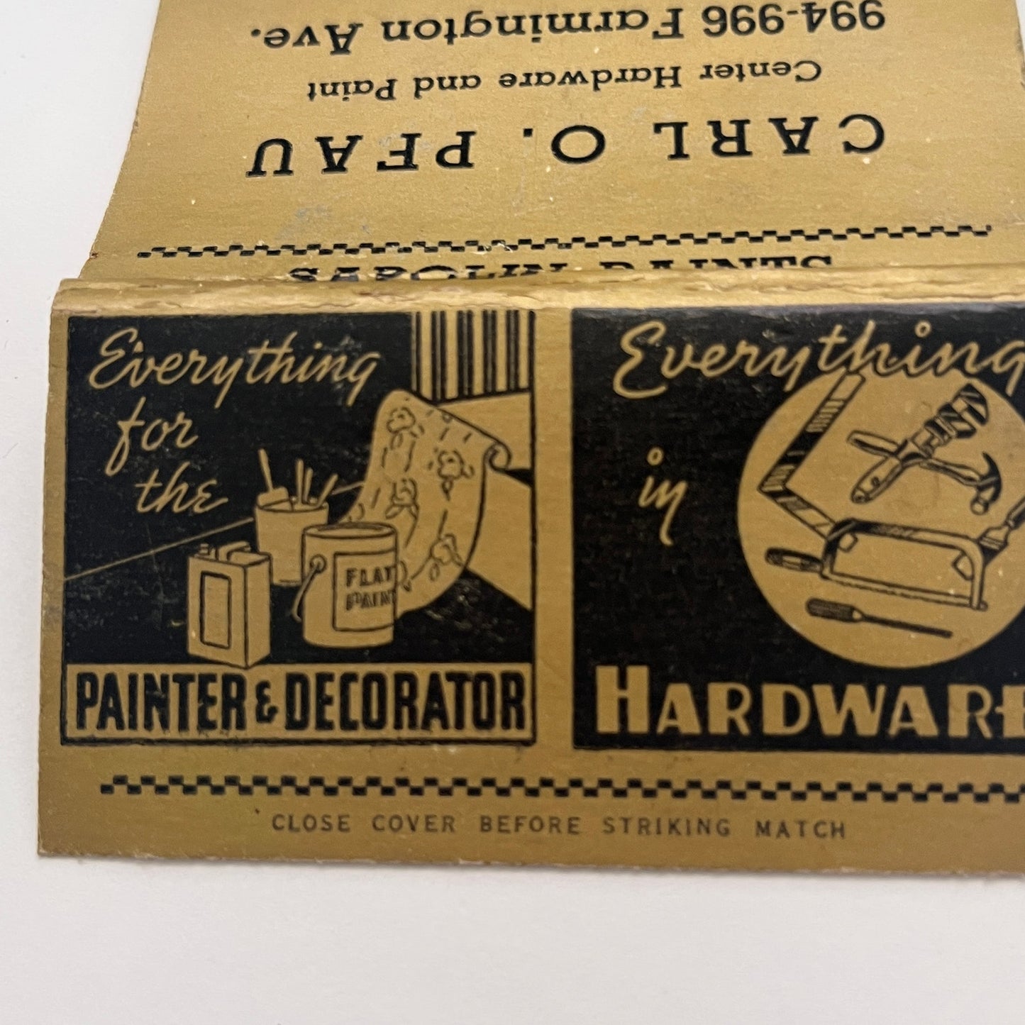 Carl O. Pfau Hardware & Paint West Hartford CT Vintage Matchbook Cover MM3-4