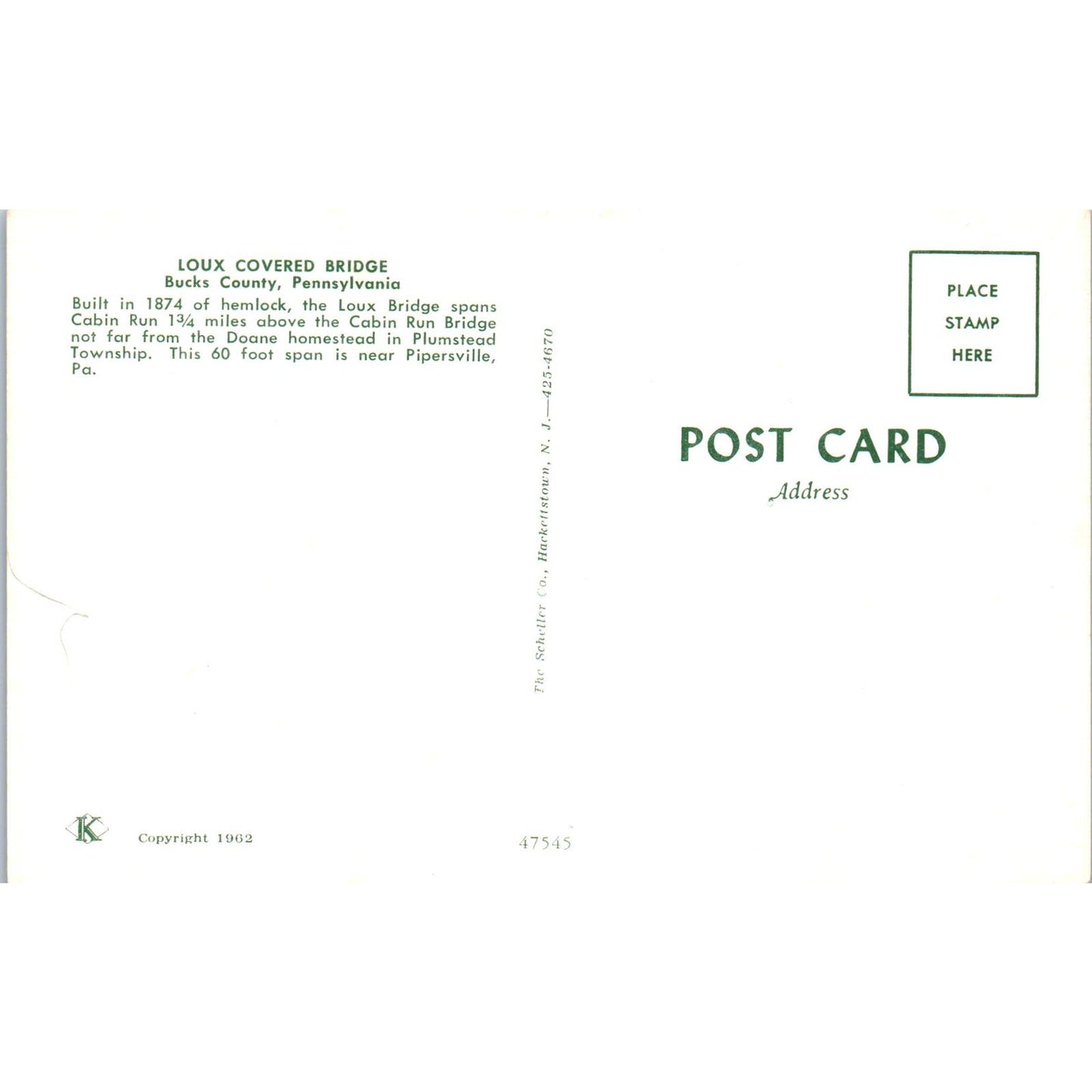 Loux Bridge Bucks County Cabin Run Pennsylvania Covered Bridge Postcard PC3