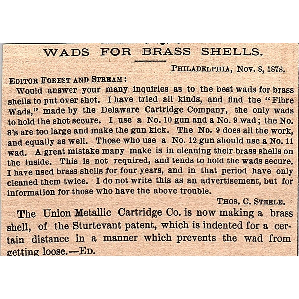 Wads for Brass Shells Thos. C. Steele Union Metallic Cartridge Co 1878 AG2-H3