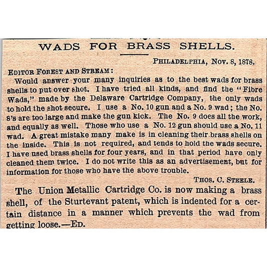 Wads for Brass Shells Thos. C. Steele Union Metallic Cartridge Co 1878 AG2-H3