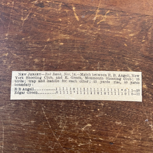 Nov 1878 Red Bank NJ Pigeon Match R.B. Angell, E. Green 1878 Clip AG2-S18