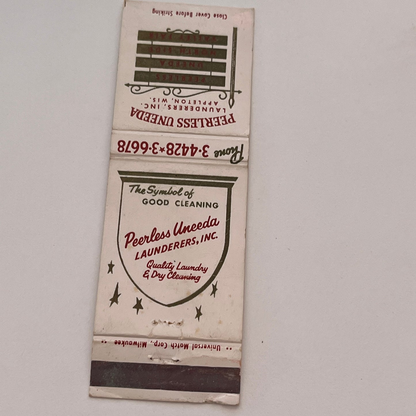 Peerless Uneeda Launderers Inc Appleton WI Vintage Matchbook Cover MB59-2