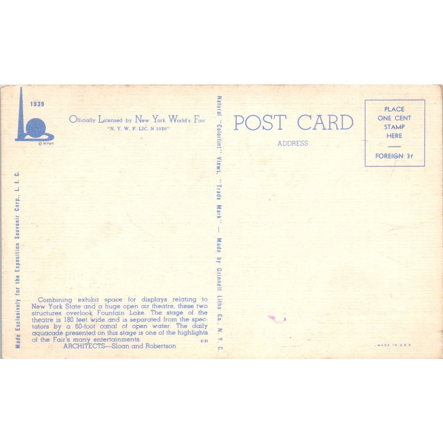 1939 World's Fair State Exhibit Building Fountain Lake Amphitheatre Postcard PD3