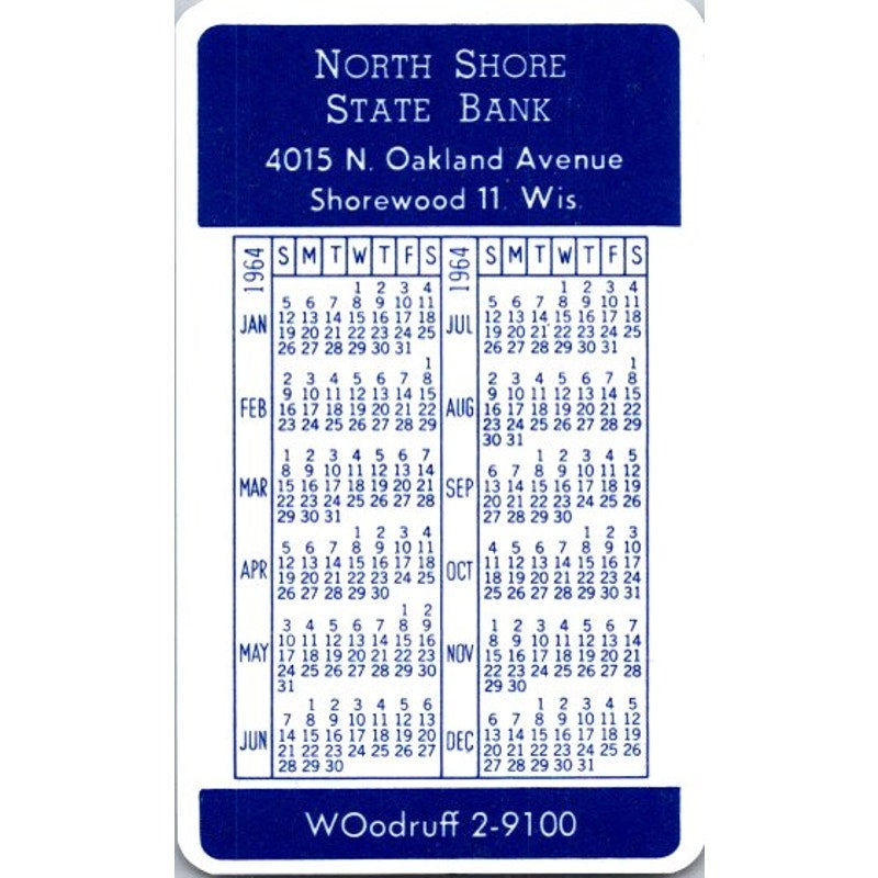 1964 North Shore State Bank Shorewood WI Wallet Calendar Card AI9-M26