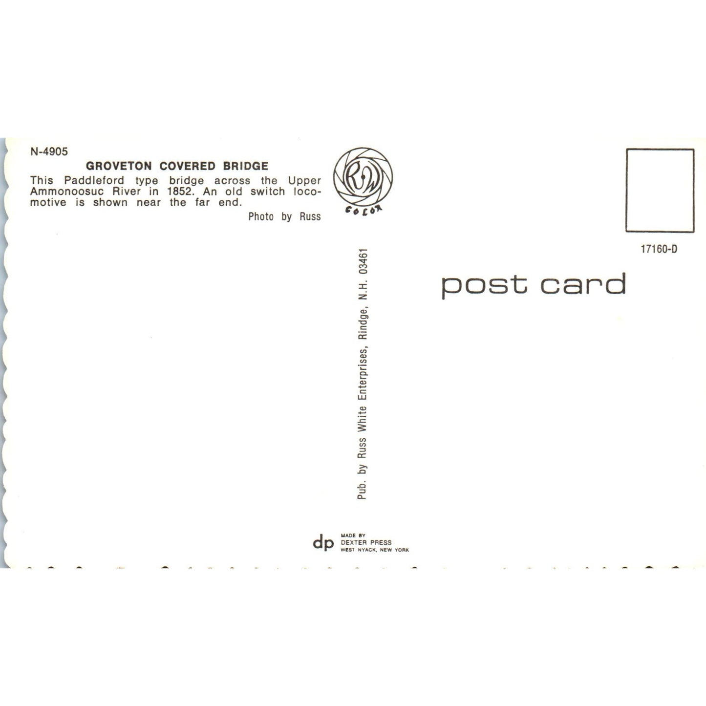 Groveton Ammonoosuc River Covered Bridge Postcard PC4