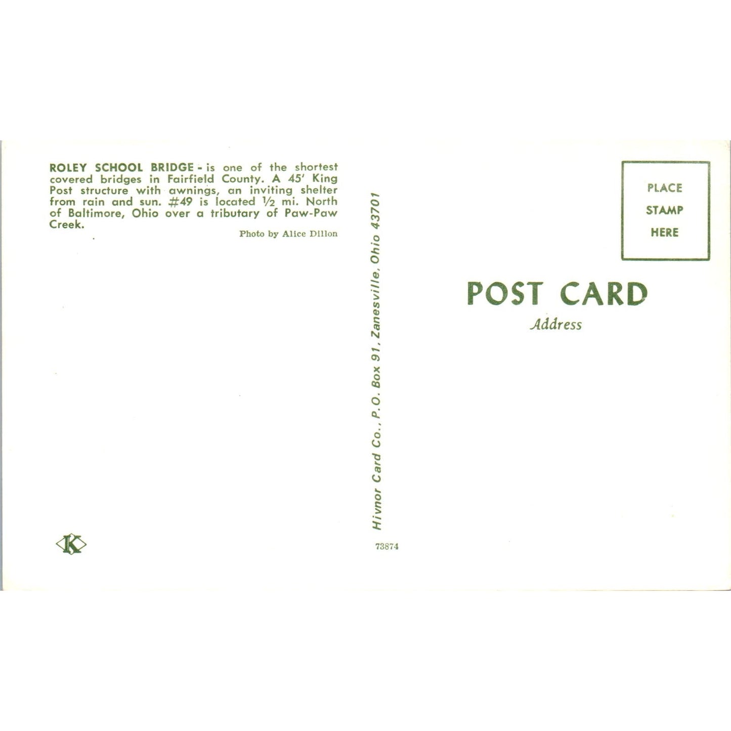 Roley School Bridge Fairfield County Baltimore OH Covered Bridge Postcard PC13