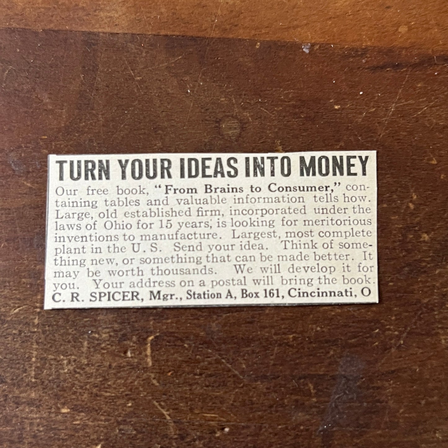 Turn Your Ideas into Money C.R. Spicer Cincinnati OH 1/2x2 c1915 Ad AF6-S8