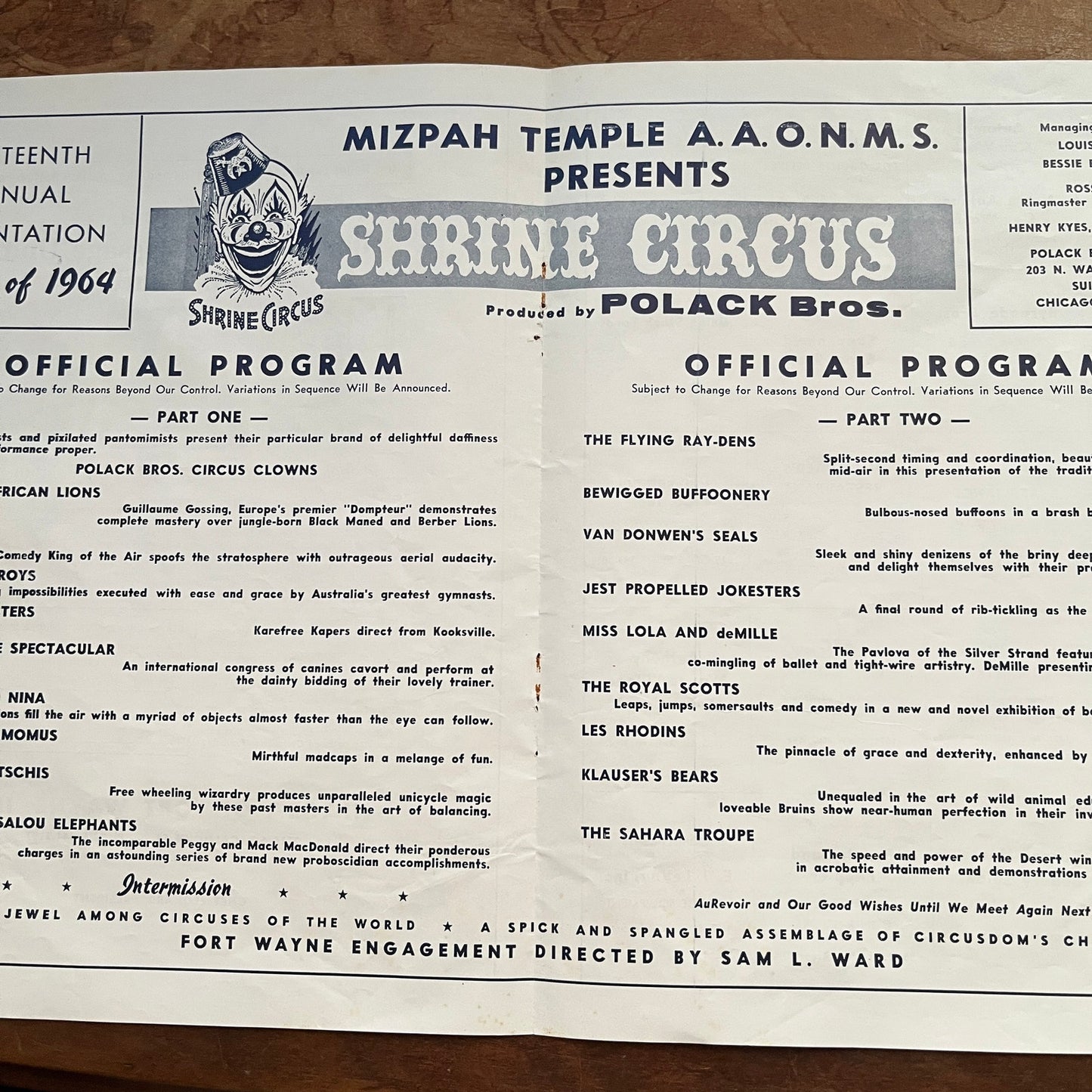 1964 Mizpah Temple Shrine Circus Official Program Ft Wayne Fold Out 1964 AG1-9