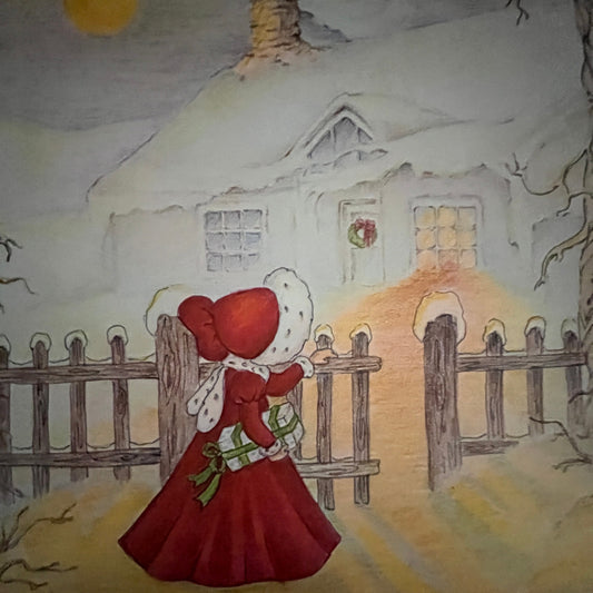 Retro Kitsch Little Girl in Red Coat Snowy Christmas Scene 9x12" Art Print V23
