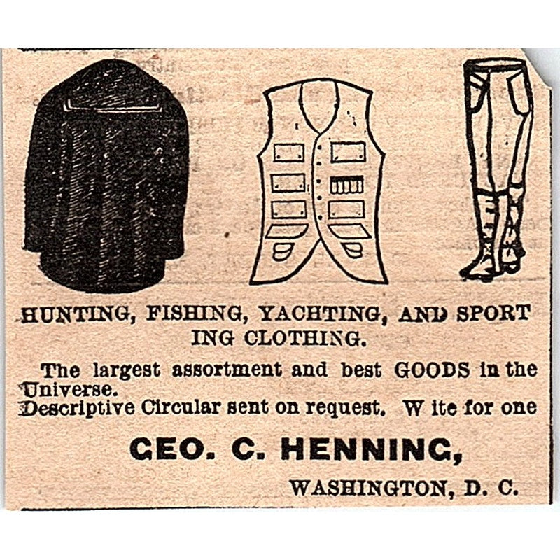 Geo. C. Henning Hunting Fishing Sport Clothing Washington DC 1878 Ad AG2-M14