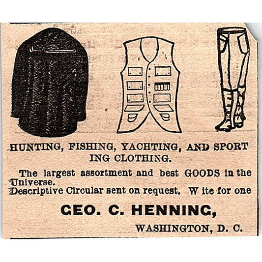 Geo. C. Henning Hunting Fishing Sport Clothing Washington DC 1878 Ad AG2-M14
