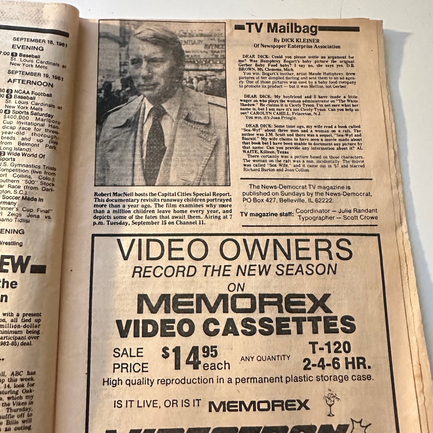 1981 Sep 13 Bellville IL News-Democrat TV Listings Magazine Robert MacNeil L4-1