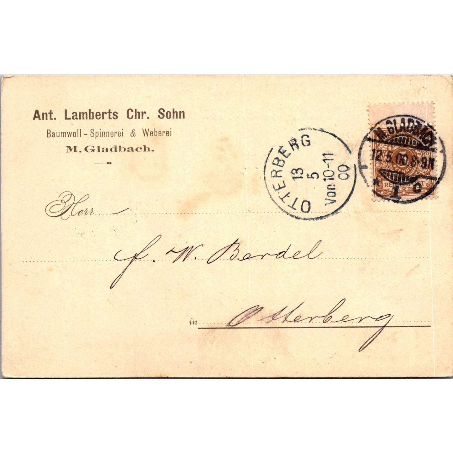 Ant. Lamberts Chr. Sohn M. Gladbach F.W. Berdel 1900 German Postcard TE2-GRQ