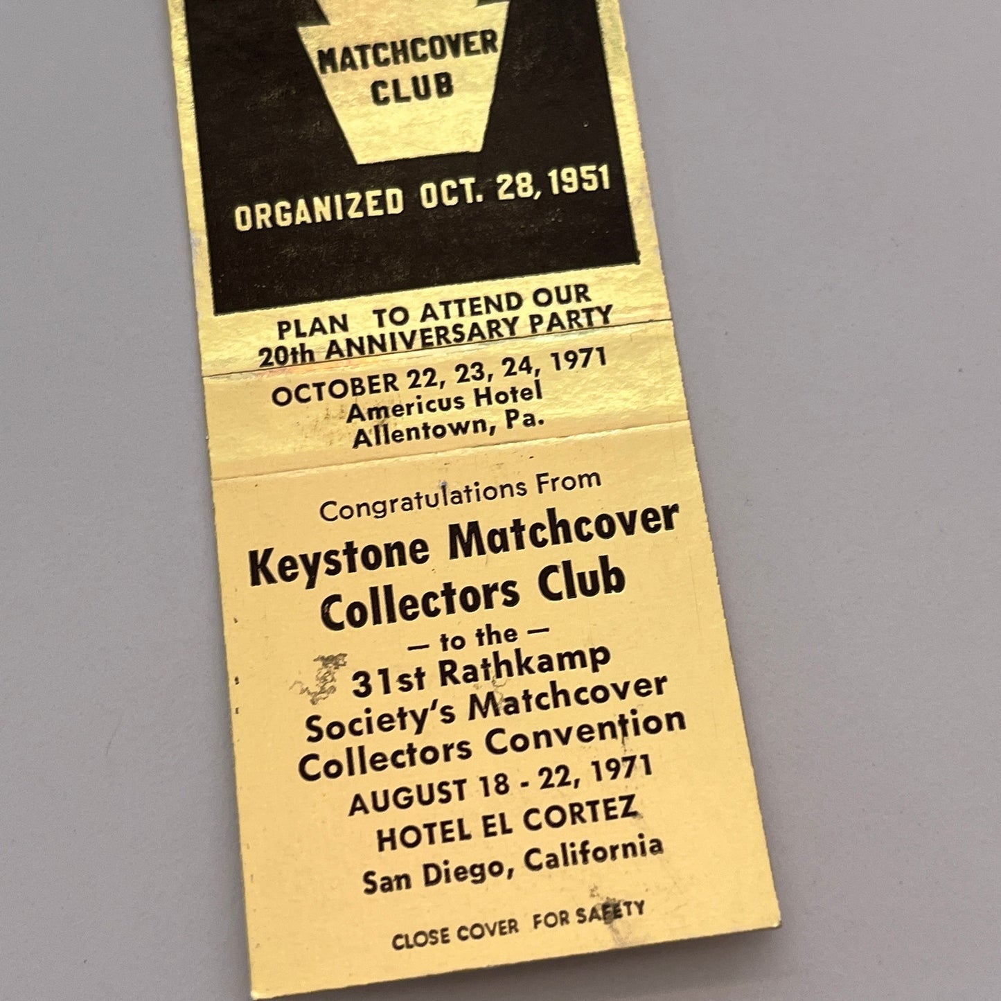 1971 Keystone Matchcover Collectors Club Allentown PA Matchbook Cover TB6-MB2-3