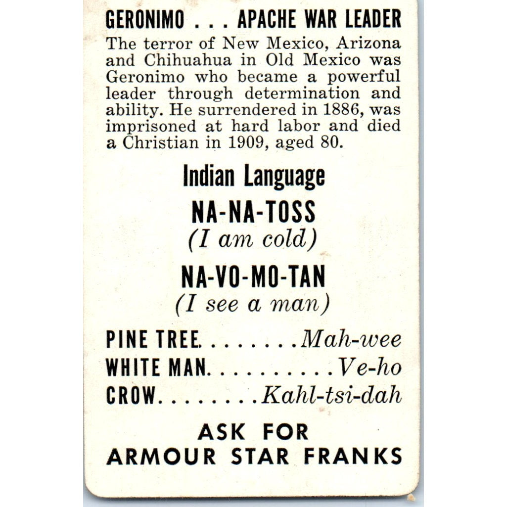 1956 Armour Star Franks Indian Language Card Geronimo Apache War Leader AD8-RS1