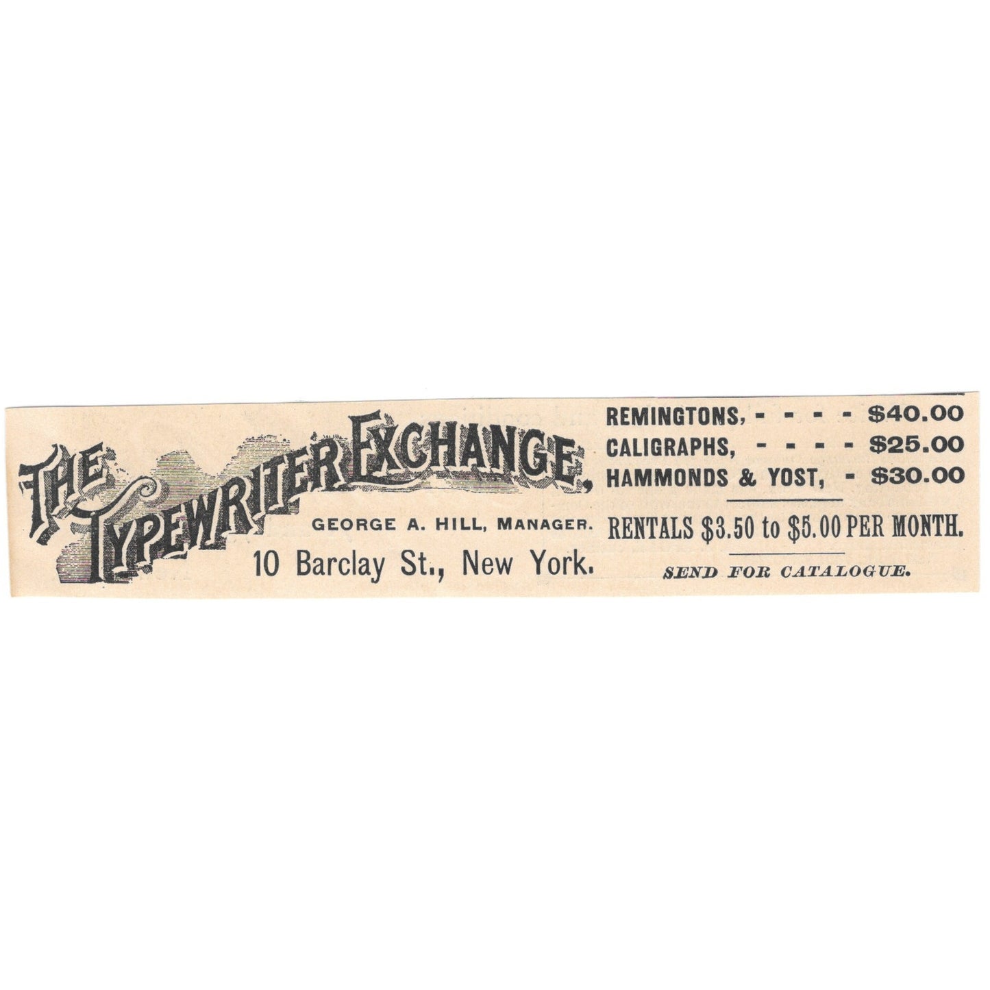 The Typewriter Exchange George A. Hill Barclay St NY 1892 Magazine Ad AK6-H1