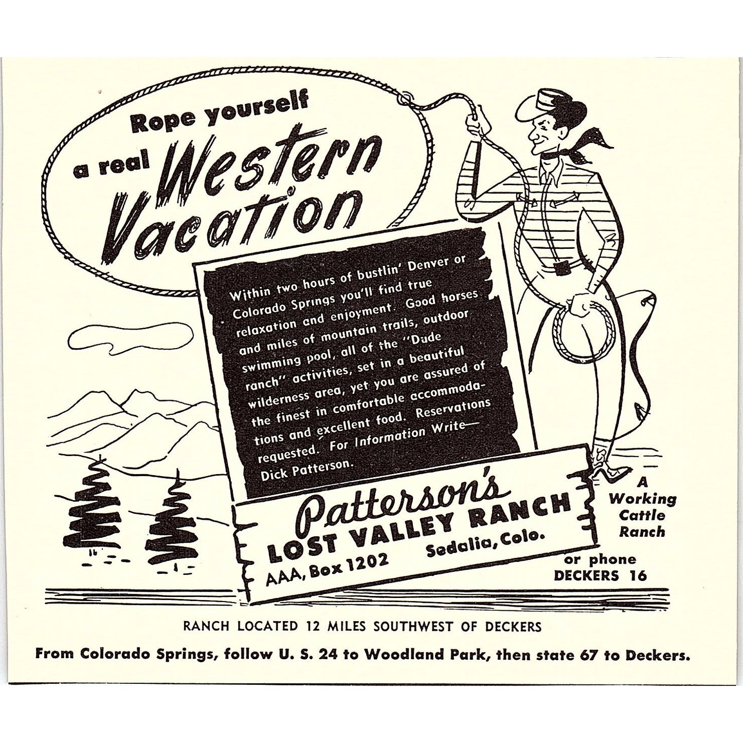 Patterson's Lost Valley Ranch Sedalia CO 1958 Ad AG1-H4
