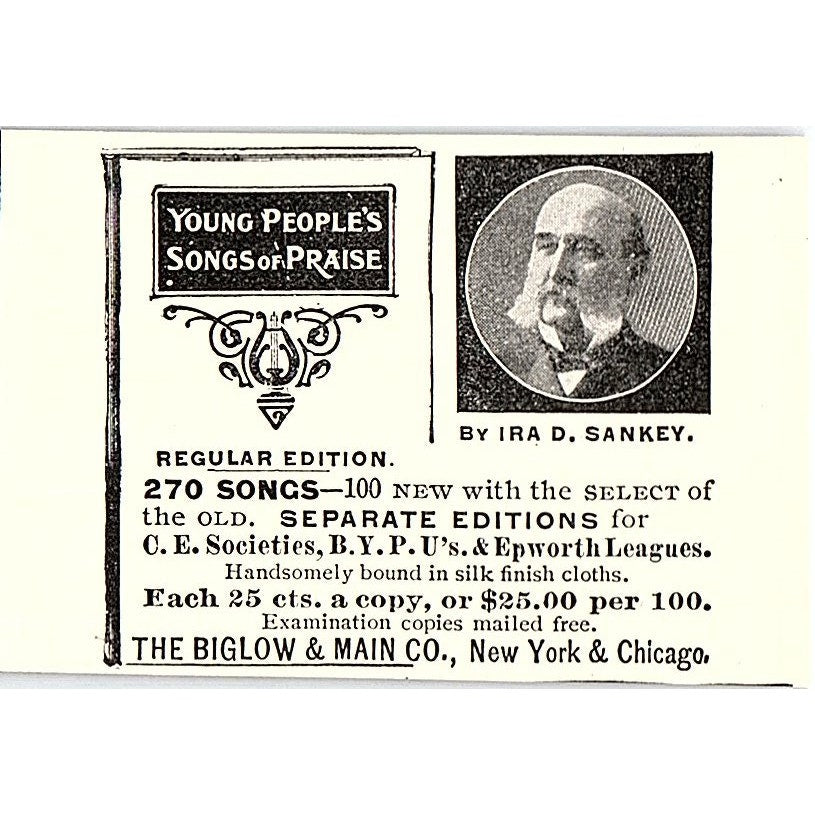 Young People's Songs of Praise Ira D Sankey Bigelow & Main 1903 Ad AF8-S27