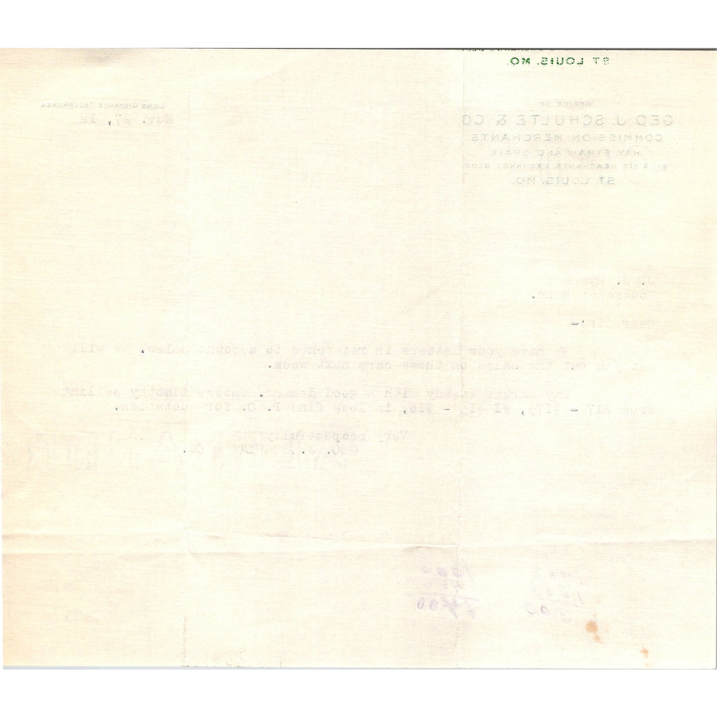 Geo. J. Schulte & Co Grain Commission Merchants St. Louis MO 1912 Billhead K24