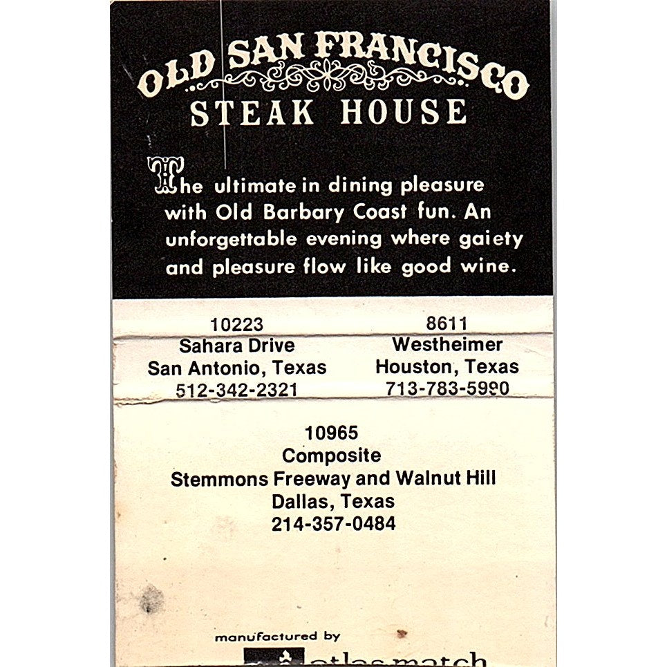 Old San Francisco Steak House Dallas San Antonio TX Vintage Matchbook TB6-MB2-12