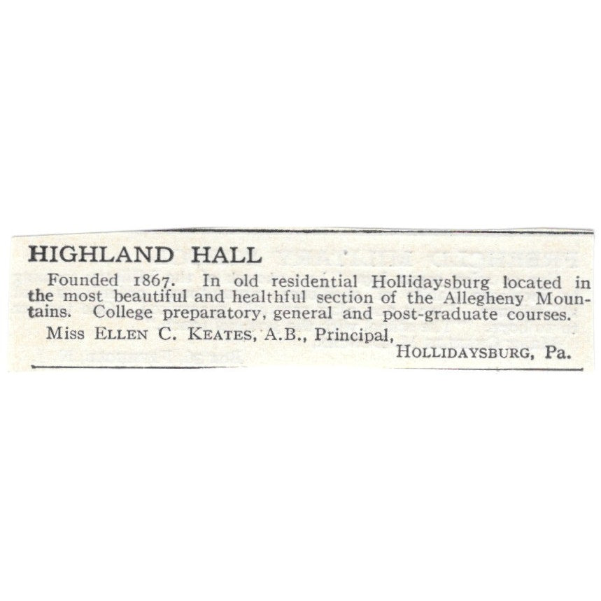 Highland Hall Hollidaysburg PA Miss Ellen C Keates c1920 Harper’s Ad AG4-S2