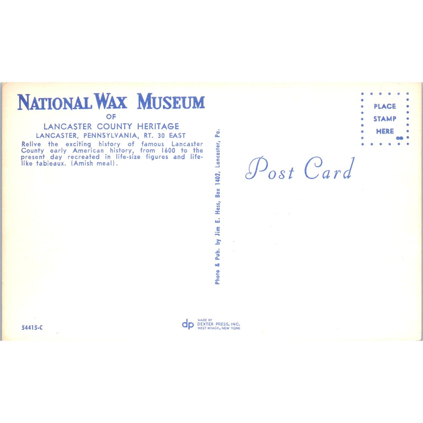 Amish Meal National Wax Museum Lancaster PA Vintage Postcard PD5