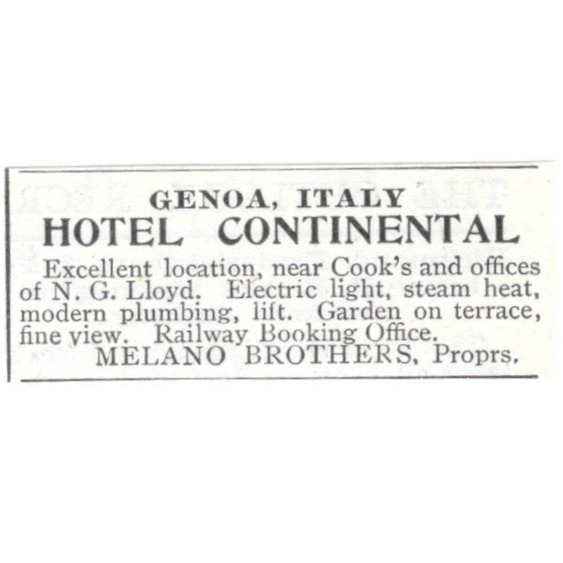 Hotel Continental Genoa Italy Melano Brothers 1903 Ad AG3-S13