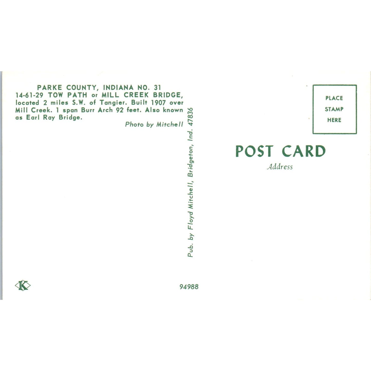 Mill Creek Tow Path Bridge Tangier IN Vintage Covered Bridge Postcard PD5