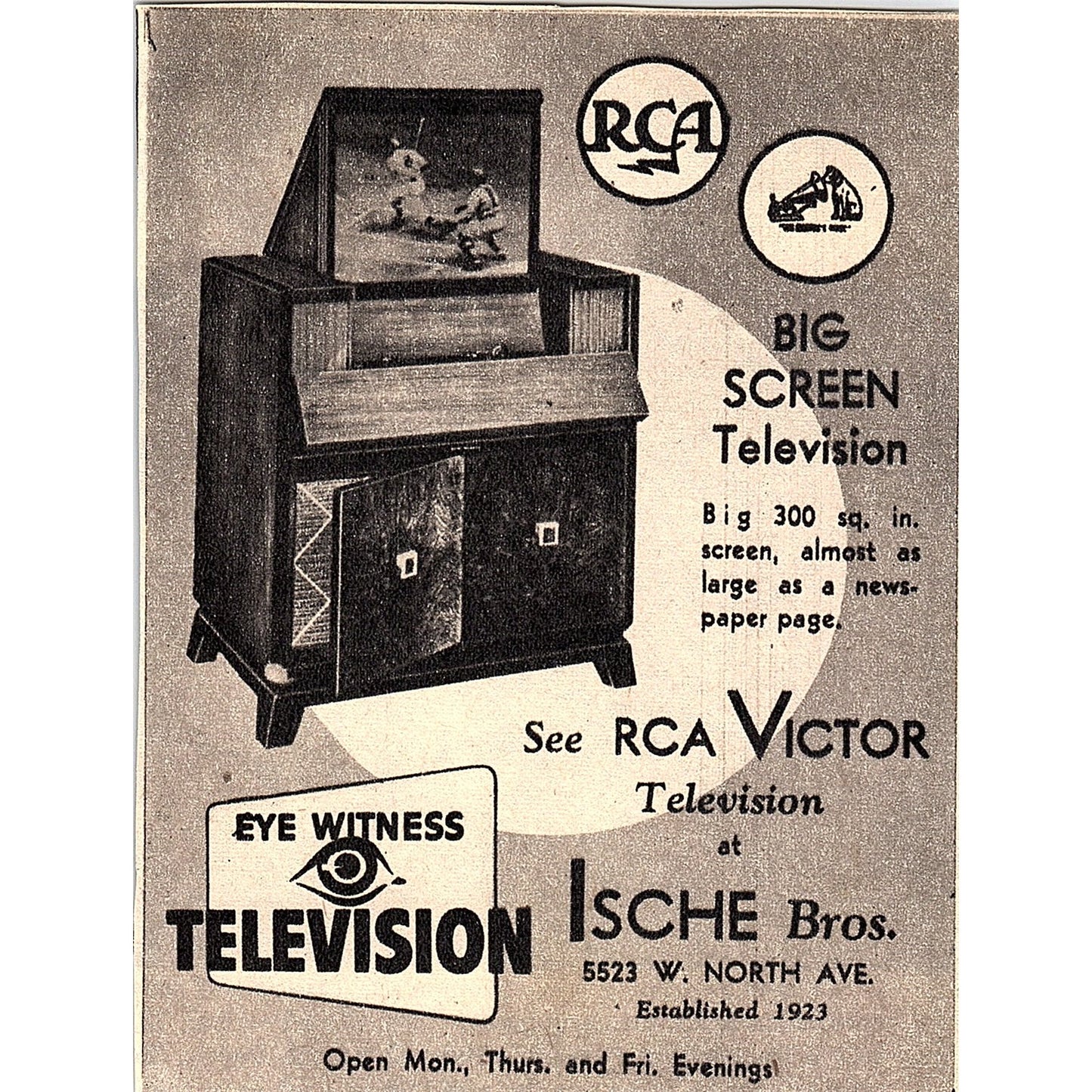 RCA Victor Eye Witness Television Ische Bros Milwaukee 1948 Ad AG3-H2