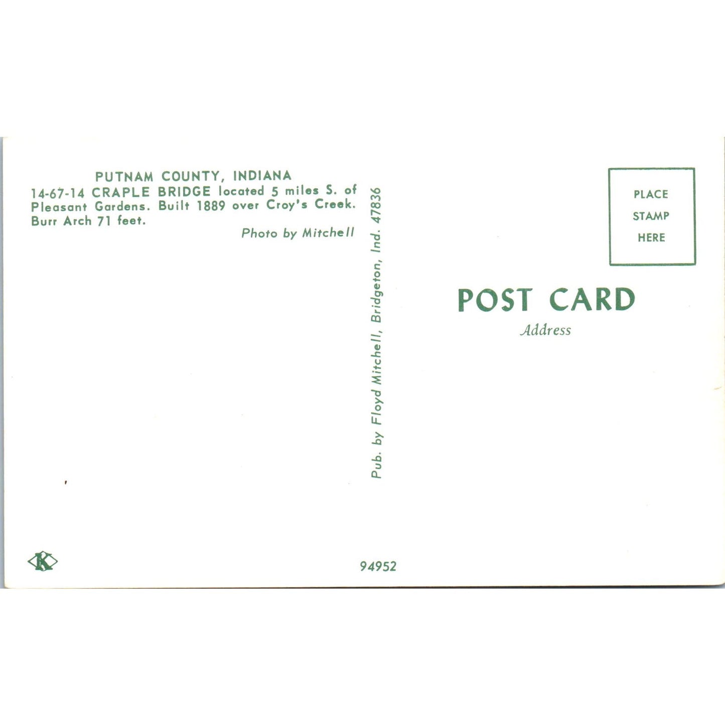 Putnam County Indiana Craple Bridge Vintage Covered Bridge Postcard PD3