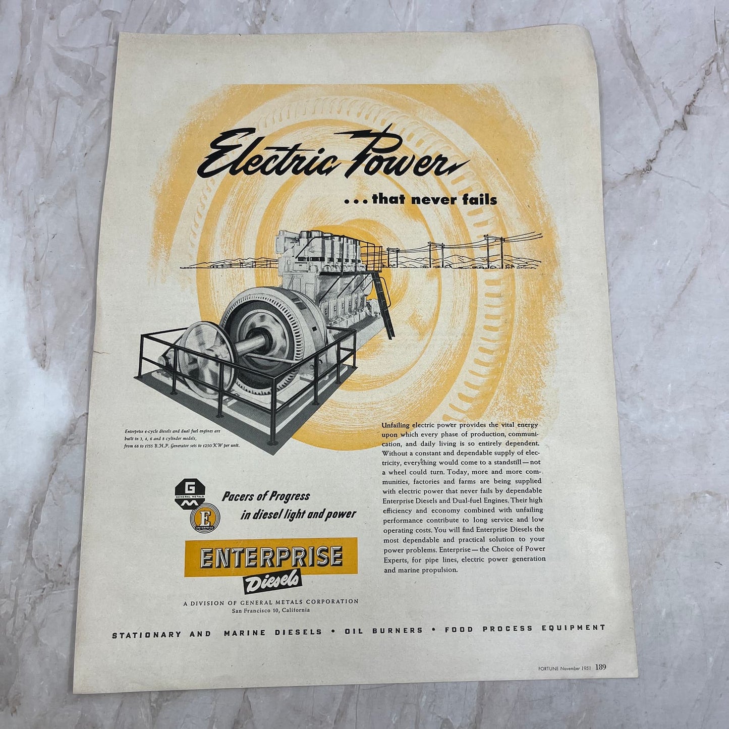 General Metals Corp Enterprise Diesels San Francisco CA 1951 Magazine Ad FL6-10